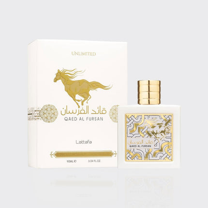 Lattafa Qaed Al Fursan perfume bottle and packaging on a white background
