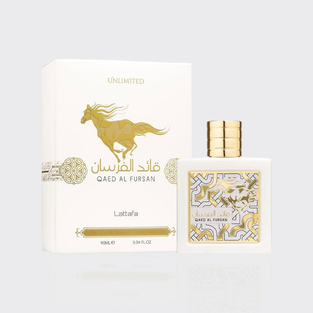Lattafa Qaed Al Fursan perfume bottle and packaging on a white background