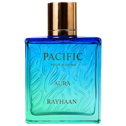 Blue perfume bottle with gold cap labeled 'Pacific Pour Homme Aura Rayhaan' on a white background