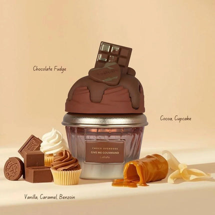 Chocolate-themed product with various chocolate elements on a beige background