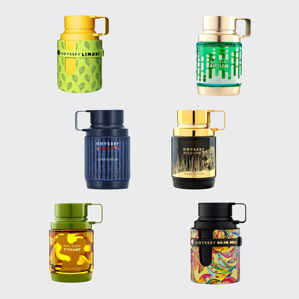 Collection of colorful water bottles with various designs on a white background