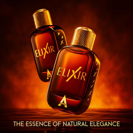 Two bottles of Elixir with a dark background and text 'The Essence of Natural Elegance'.