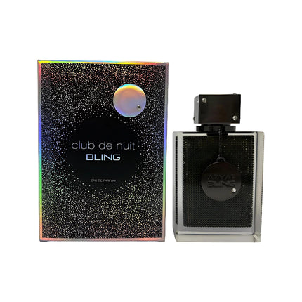 Perfume bottle and packaging of 'club de nuit BLING' on a white background