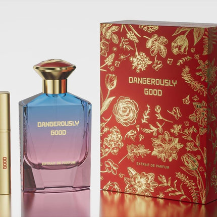 Perfume bottle and packaging with 'Dangerously Good' branding on a white background