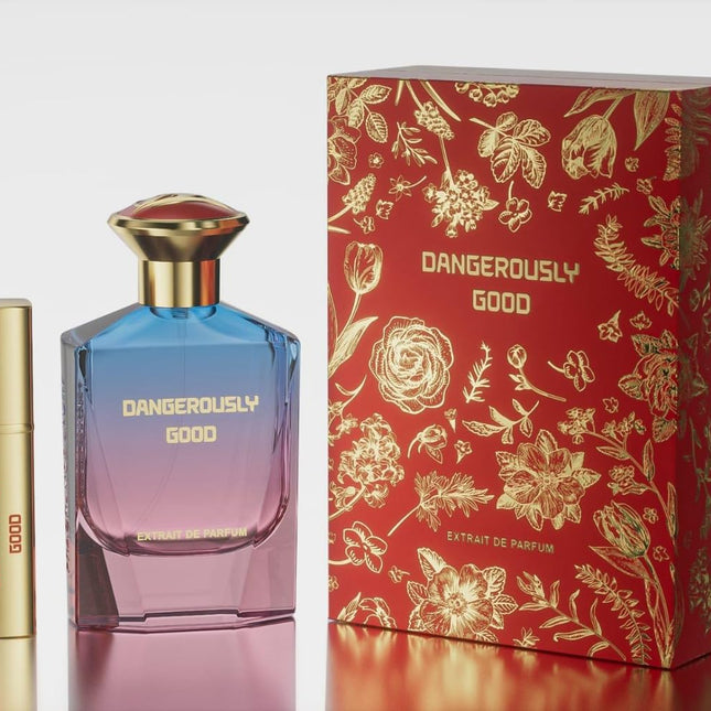 Perfume bottle and packaging with 'Dangerously Good' branding on a white background