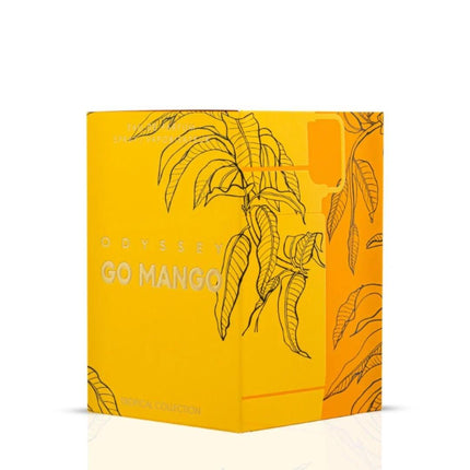 Yellow box with black banana illustrations and 'Odyssee Go Mango' text on a white background