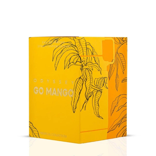 Yellow box with black banana illustrations and 'Odyssee Go Mango' text on a white background