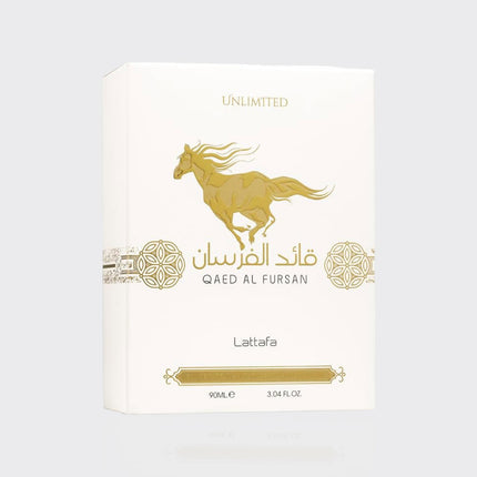 Lataafa Qaed Al Fursan perfume packaging with a horse illustration on a white background