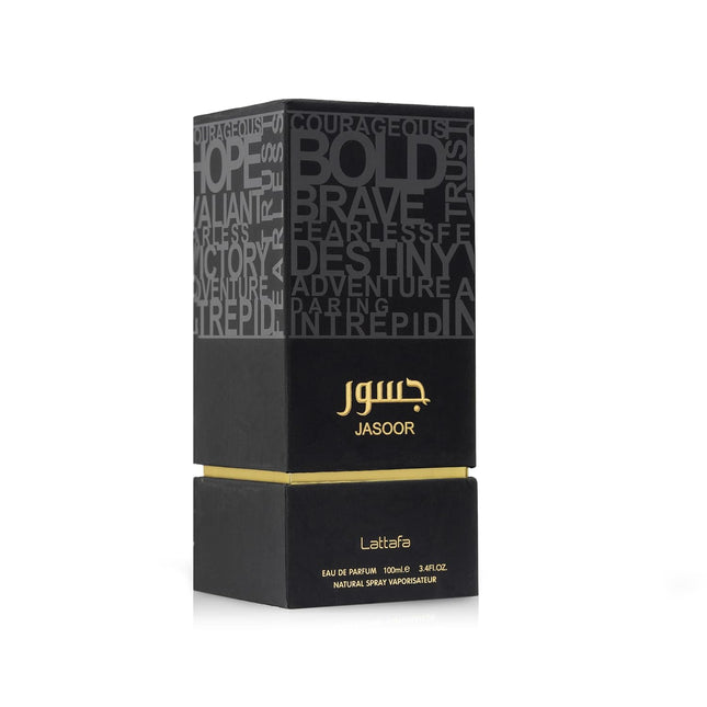 Black Lattafa Jasoor perfume box with gold text on a white background