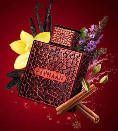 Decorative box with 'RAYHAAN' branding on a red background with flowers and cinnamon sticks.