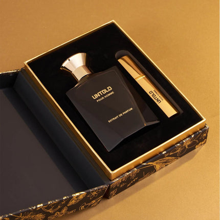 Two perfume bottles in a decorative box on a gold background