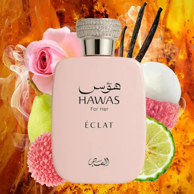 Perfume bottle labeled 'Hawas for Her Eclat' with floral and fruit elements on a colorful background
