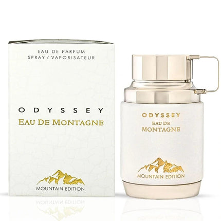 Odyssey Eau De Montagne perfume bottle and packaging on a white background