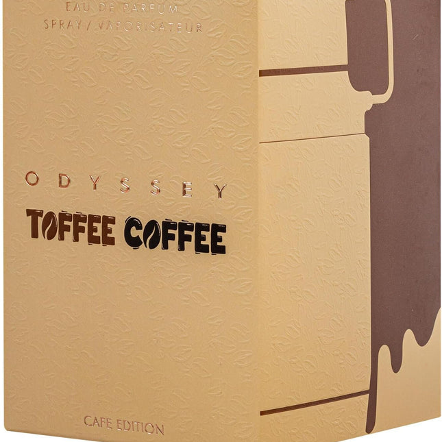 Odyssey Toffee Coffee packaging with a brown and beige color scheme.