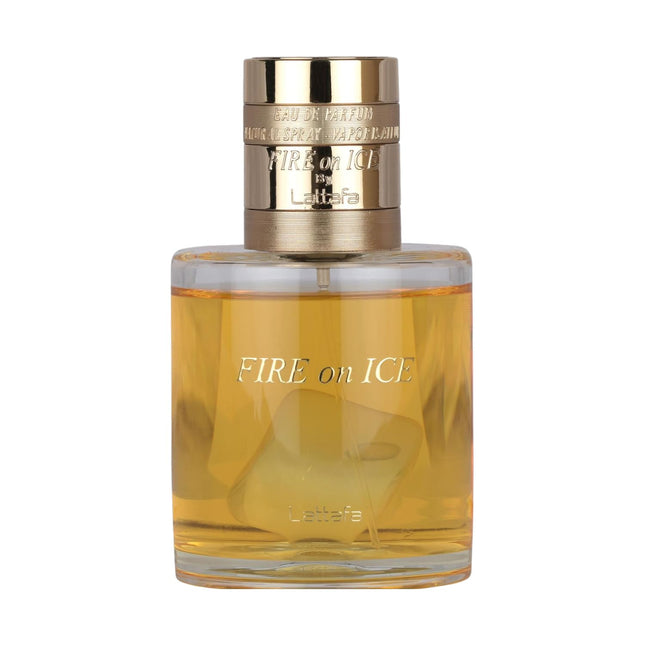 Perfume bottle labeled 'Fire on Ice' with gold cap on a white background