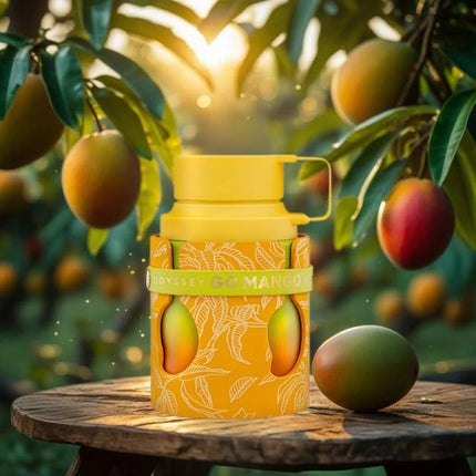 Yellow mug with mango design on a wooden table with mangoes in the background