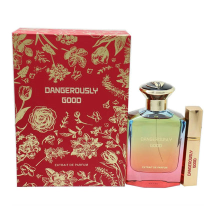 Perfume bottle and packaging with 'Dangerously Good' branding on a white background