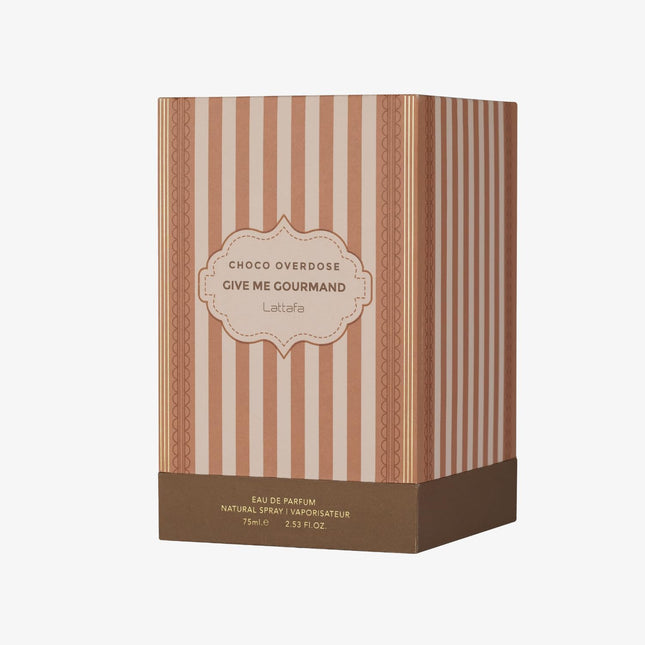 Lattéra Choco Overdose Give Me Gourmand perfume packaging on a white background