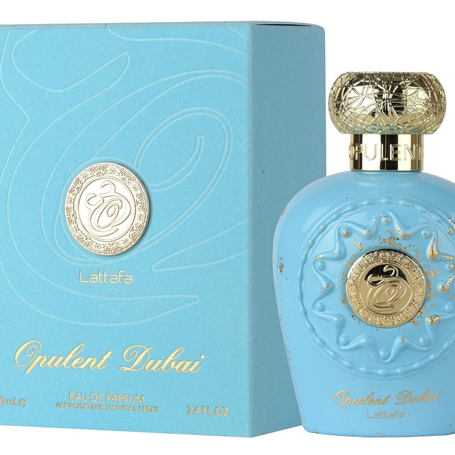 Blue perfume bottle and packaging with gold accents on a white background