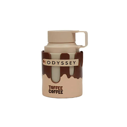 Coffee thermos with 'Odyssey Toffee Coffee' branding on a white background