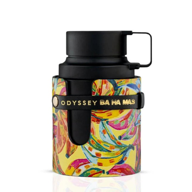 Colorful thermos with a black lid on a white background
