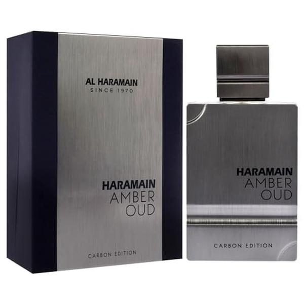 Al Haramain Amber Oud Carbon Edition perfume bottle and packaging on a white background