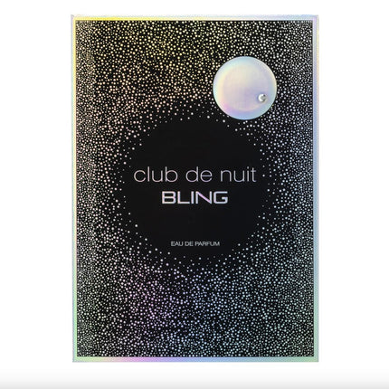 Parfum packaging with 'club de nuit BLING' text and sparkling design.
