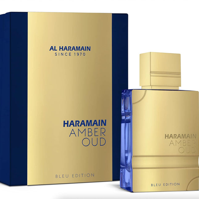 Haramain Amber Oud perfume bottle and packaging on a white background