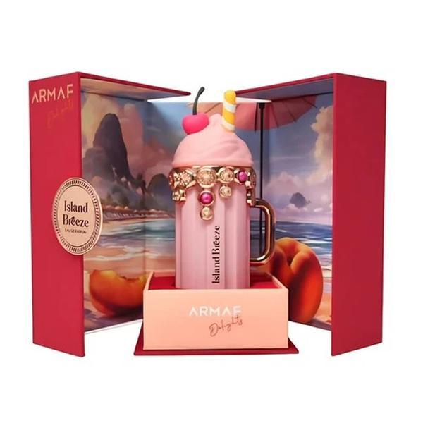 Pink Armaf Island Breeze perfume bottle with decorative elements in a red box with scenic design.