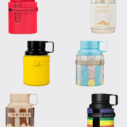 Collection of colorful Odyssey coffee tins on a white background