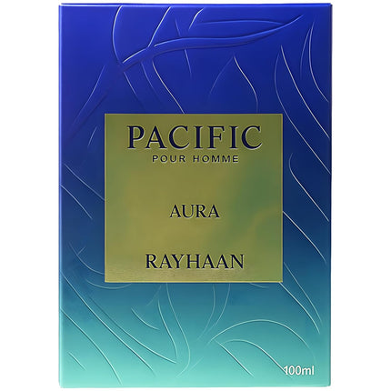 Perfume packaging with 'Pacific Pour Homme Aura Rayhaan' text on a blue and green gradient background