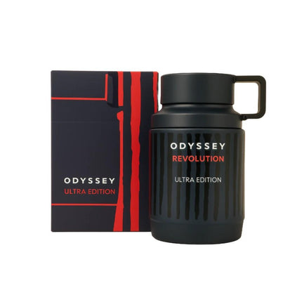 Black thermos with 'Odyssey Revolution Ultra Edition' text and matching packaging on a white background