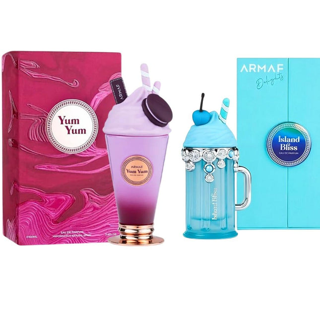 Two perfume bottles with their packaging on a white background