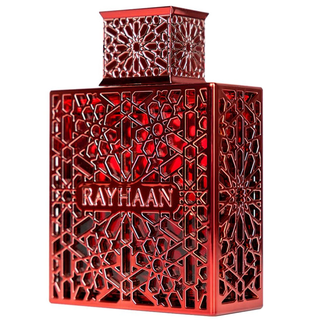 Red perfume bottle with intricate patterns and 'RAYHAAN' branding on a white background