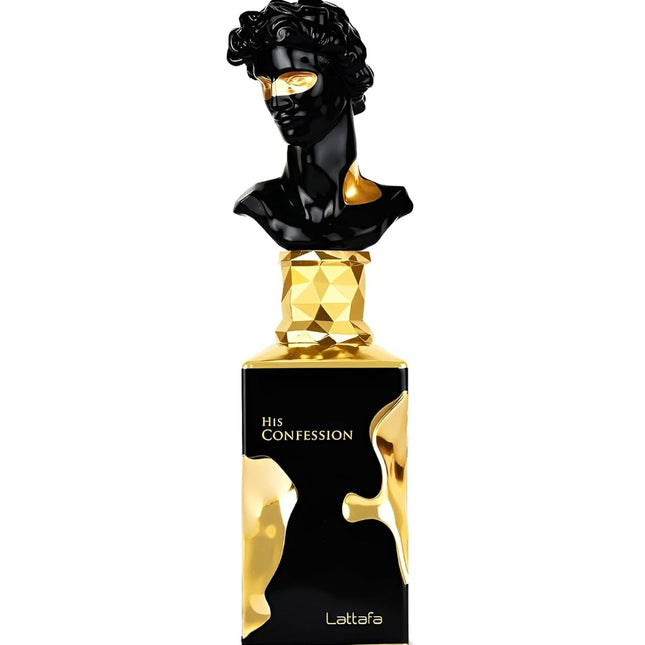 Perfume bottle with black bust design on a white background