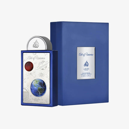 Blue perfume bottle with decorative label on a white background