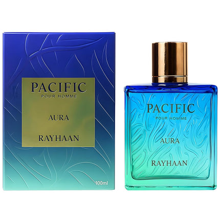 Perfume bottle and packaging of Pacific Pour Homme Aura Rayhaan on a white background