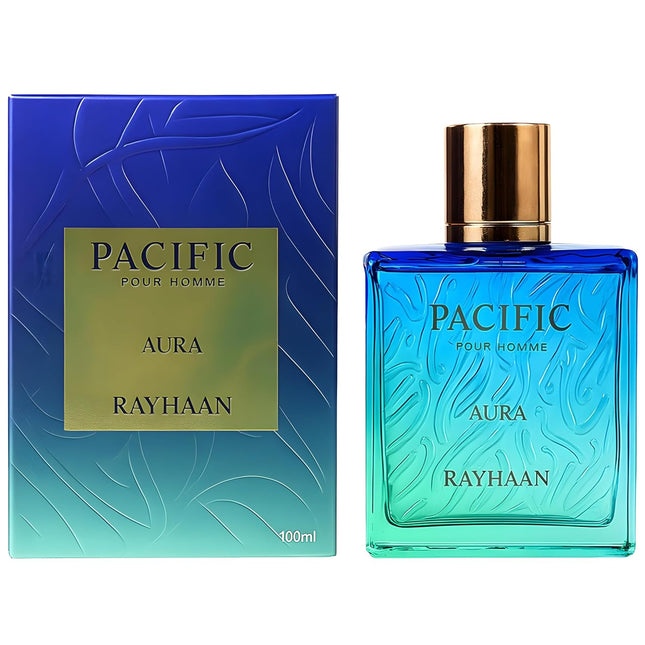 Perfume bottle and packaging of Pacific Pour Homme Aura Rayhaan on a white background