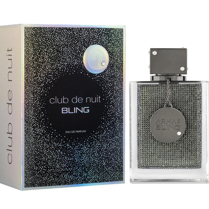 Perfume bottle and packaging of 'club de nuit BLING' on a white background