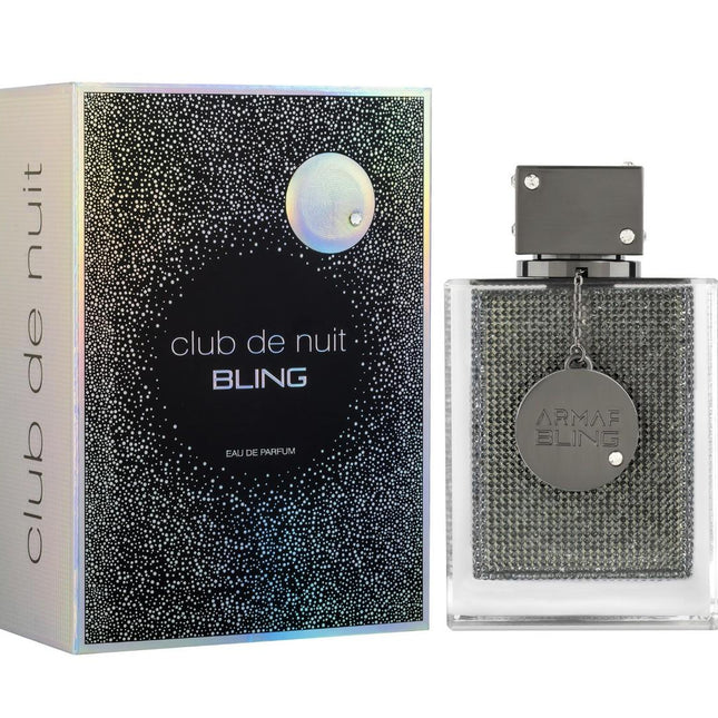 Perfume bottle and packaging of 'club de nuit BLING' on a white background