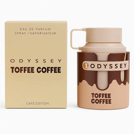 Odyssey Toffee Coffee perfume bottle and packaging on a white background