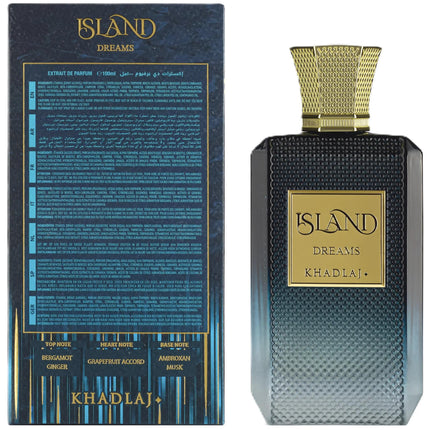 Perfume bottle and packaging of 'Island Dreams' by Khadlaj on a white background