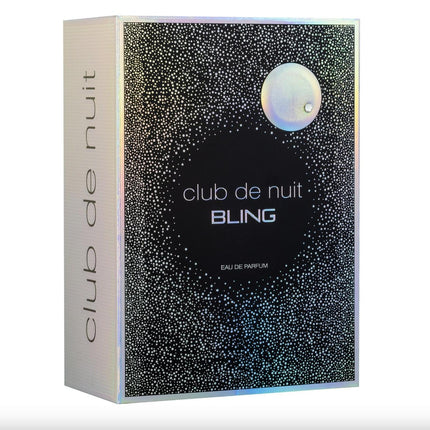 Perfume box labeled 'Club de Nuit Bling' with a sparkling design on a white background