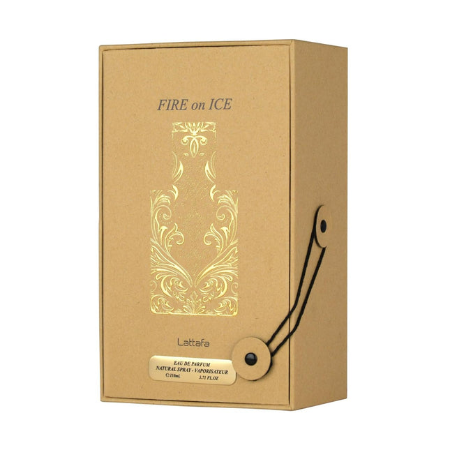 Lattafa 'Fire on Ice' perfume packaging on a white background
