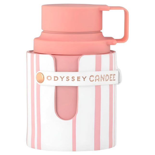 Pink and white striped water bottle with 'Odyssey Candee' branding on a white background