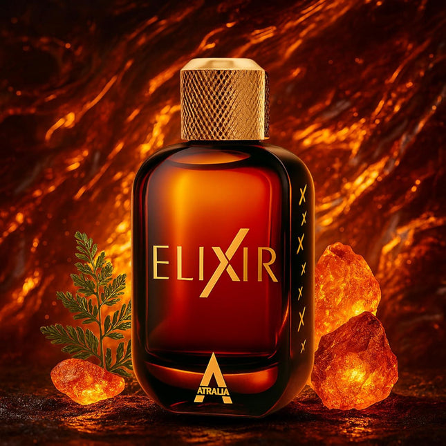 Atralia Elixir perfume bottle with gold cap and 'Elixir' text against a warm, fiery background.