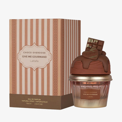 Chocolate-themed perfume bottle and packaging with 'Give Me Gourmand' branding.