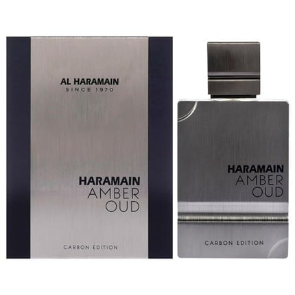 Haramain Amber Oud Carbon Edition perfume bottle and packaging on a white background