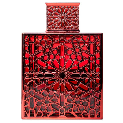 Red decorative metal grille with intricate geometric pattern on a white background