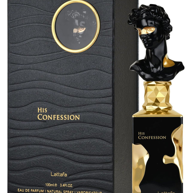 Lattaqa 'His Confession' perfume bottle and packaging on a white background